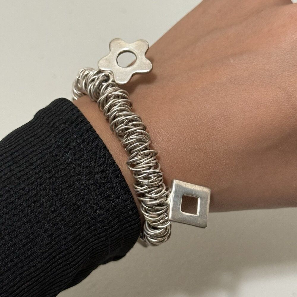 Vintage Sterling Links Bracelet With Charms Adjustable Solid